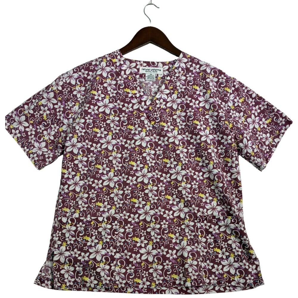 Natural Uniforms Womens Scrub Top Floral Hibiscus Print Burgundy Medical Nurse